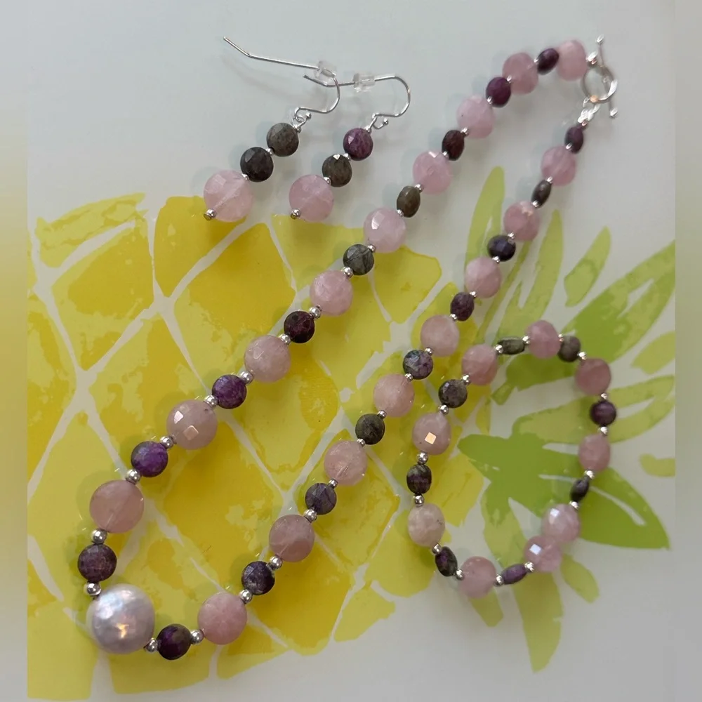 Rose Quartz Atlantisite Coin & freshwater pearl Set in .925 Sterling Silver S14 - Picture 4 of 12